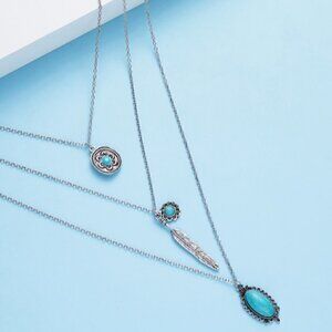 Retro Leaf Oval Layered Turquoise Unisex Necklace